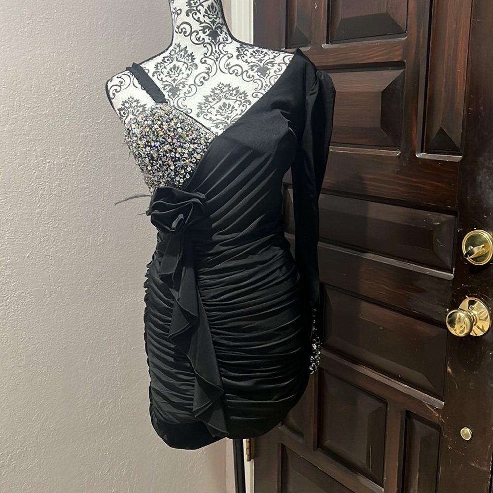 EVENINGS BY ALLURE COCKTAIL DRESS Black Ruching bodycon Evening Formal Bling 8